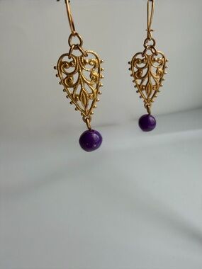 Gold Filigree Drop Earrings with Purple Bead